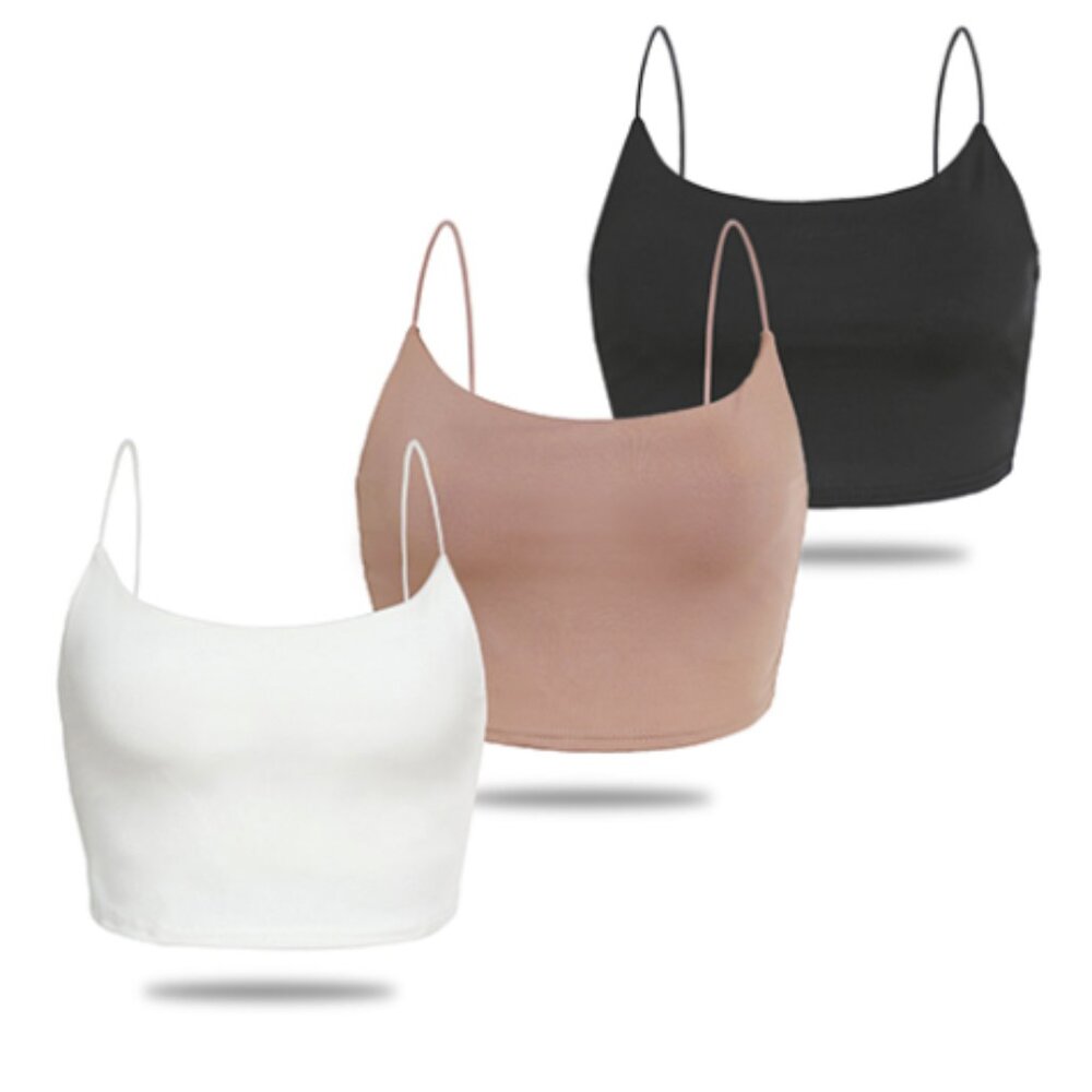 Amilia Amazon Basic Solid Cami Double Layer Crop Tank - 3 pk White/Black/Brown